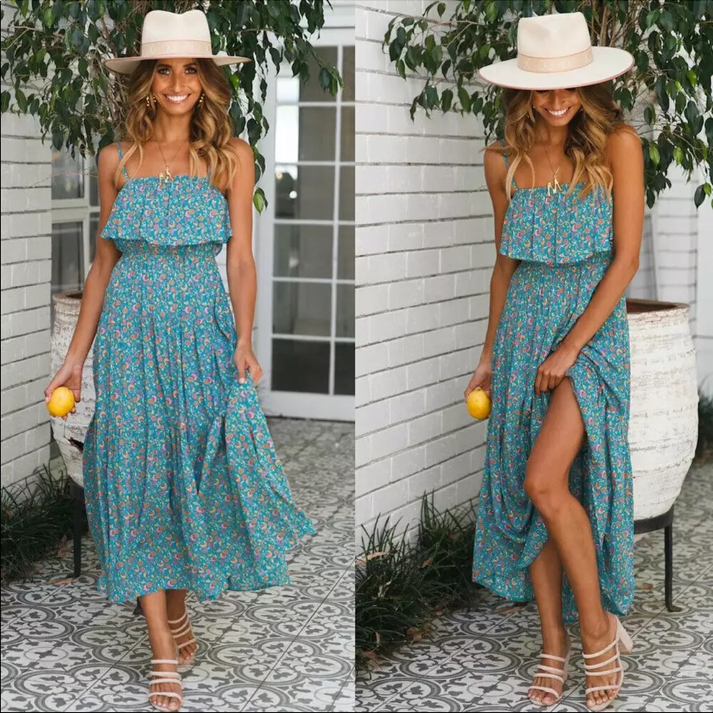 Ruffle Cami Boho Floral Gypsy Print Maxi Dress - Picture 11 of 16